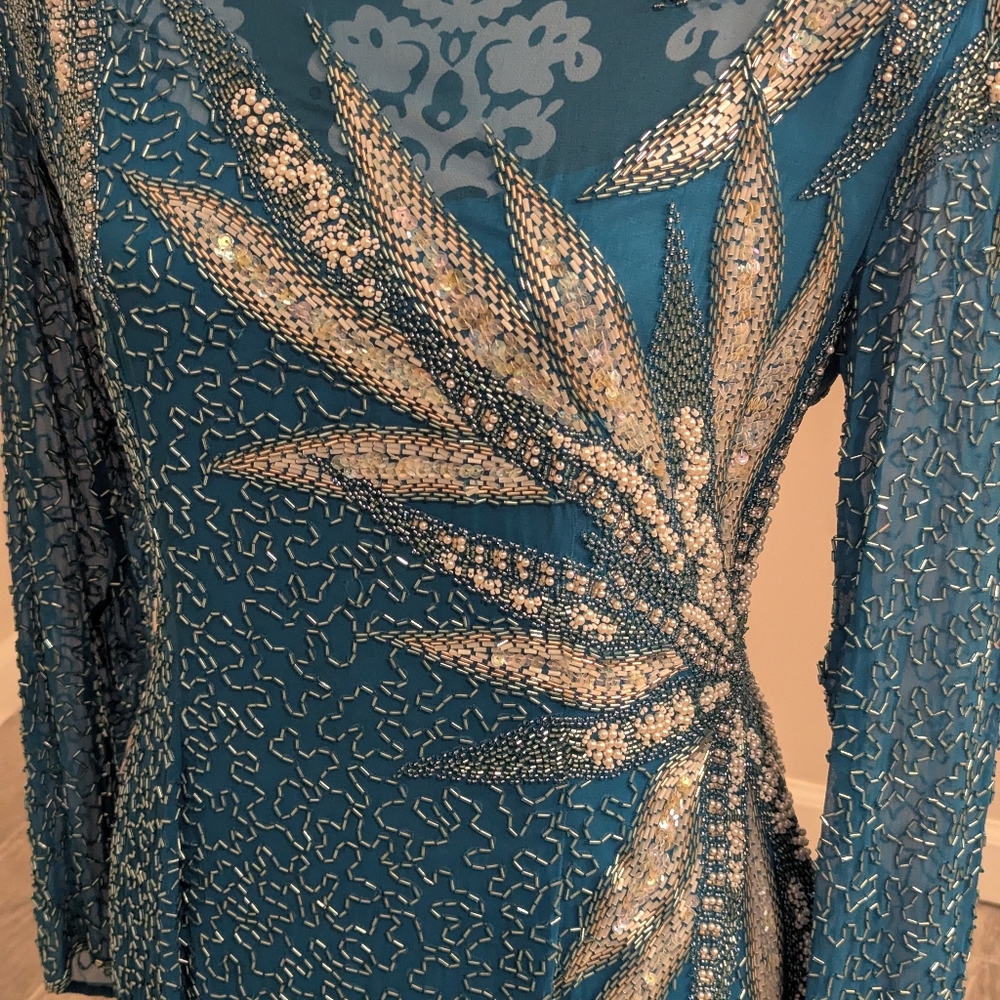 AJ Bari VTG Silk Blue Sequin Beaded Dress 10 - Picture 2 of 10